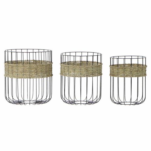 Juego de Cestas DKD Home Decor Negro Natural Metal Fibra natural 35 x 35 x 40 cm 3 Piezas