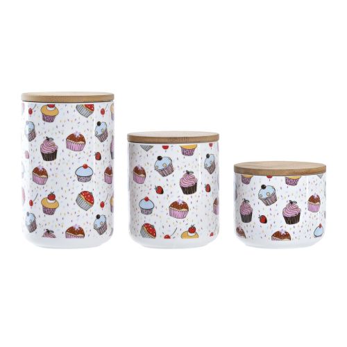 Set de 3 Botes DKD Home Decor Natural Blanco Multicolor Bambú Gres 10 x 10 x 17 cm Cupcake