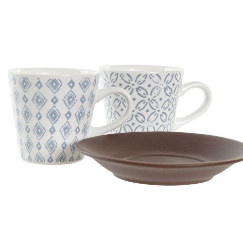 Taza DKD Home Decor Azul Blanco Marrón Madera de caucho Gres 90 ml