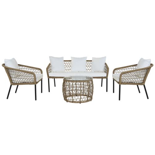 Conjunto de Mesa con 3 Sillones DKD Home Decor Blanco 137 x 73,5 x 66,5 cm ratán sintético Acero