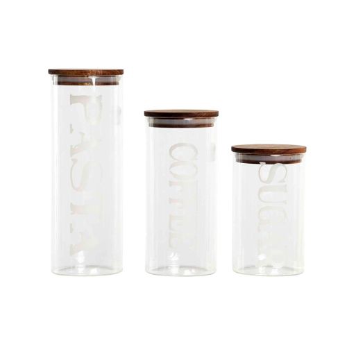 Set de 3 Botes DKD Home Decor 10,2 x 10,2 x 27,7 cm Natural Transparente Acacia Letras Vidrio de Borosilicato