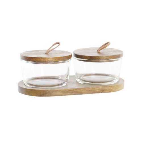 Set de 2 Botes DKD Home Decor 20,5 x 10,5 x 7 cm Cristal Marrón Transparente Acacia 240 ml