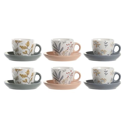 Juego de Tazas con Platos DKD Home Decor Azul Gris Multicolor Rosa claro Porcelana 90 ml 11 x 11 x 2 cm (3 Unidades)