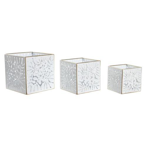 Set de Maceteros DKD Home Decor Hojas Dorado Metal 15 x 15 x 15 cm Blanco Tropical Hoja de planta