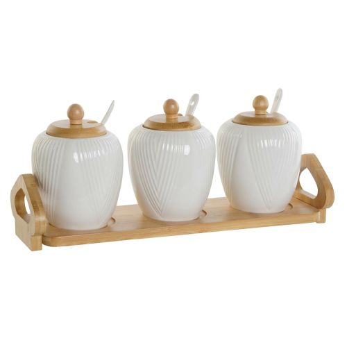 Azucarero DKD Home Decor Blanco Natural Bambú Porcelana 31 x 9 x 7 cm 4 Piezas