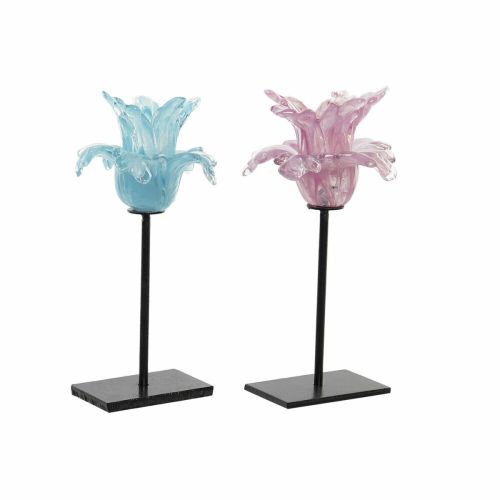 Portavelas DKD Home Decor Azul Rosa Metal Cristal 12 x 12 x 24 cm (2 Unidades)