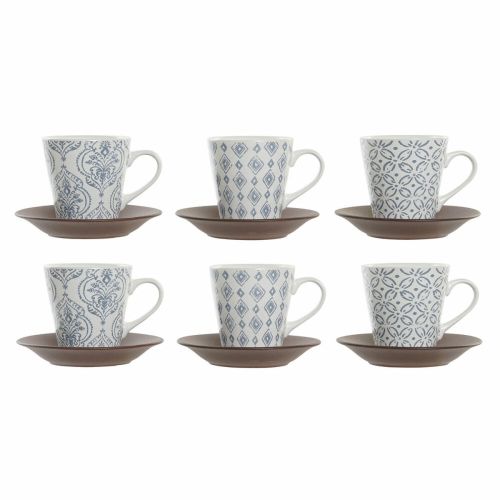 Juego de Tazas de Café DKD Home Decor Azul Blanco Marrón Madera de caucho Gres 150 ml