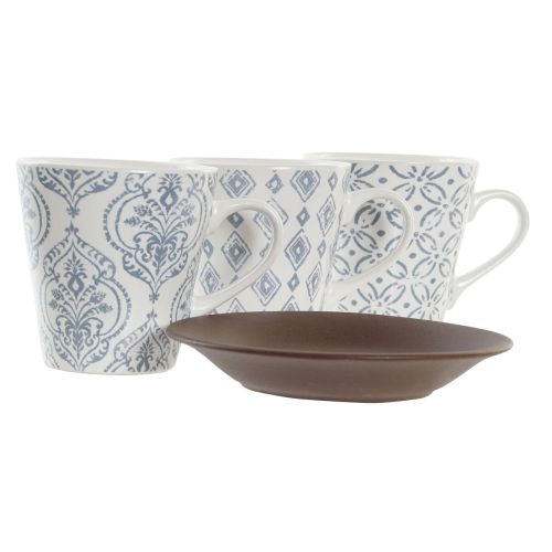 Juego de Tazas de Café DKD Home Decor Azul Blanco Marrón Madera de caucho Gres 150 ml