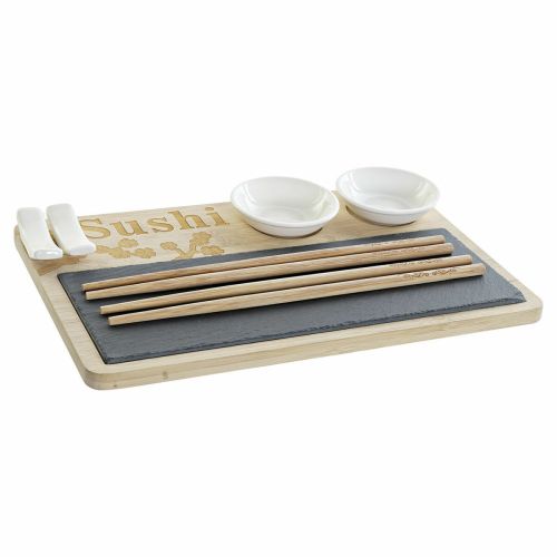 Set de Sushi DKD Home Decor PC-186227 Blanco Negro Natural Bambú Pizarra Moderno Oriental 28,5 x 18,5 x 2,6 cm (9 Piezas) (28,5