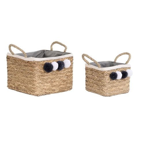 Juego de Cestas DKD Home Decor Fibra natural Pompones 33 x 33 x 25 cm