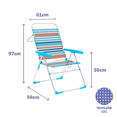 Marbueno Silla Plegable 5 Posiciones Aluminio Rayas Naranjas y Azules Playa y Piscina 59X61X97 cm 10464