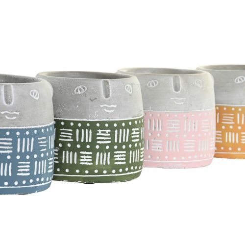 Macetero DKD Home Decor Cara Azul Rosa Cemento Verde Amarillo (13 x 13 x 11 cm) (4 Unidades)